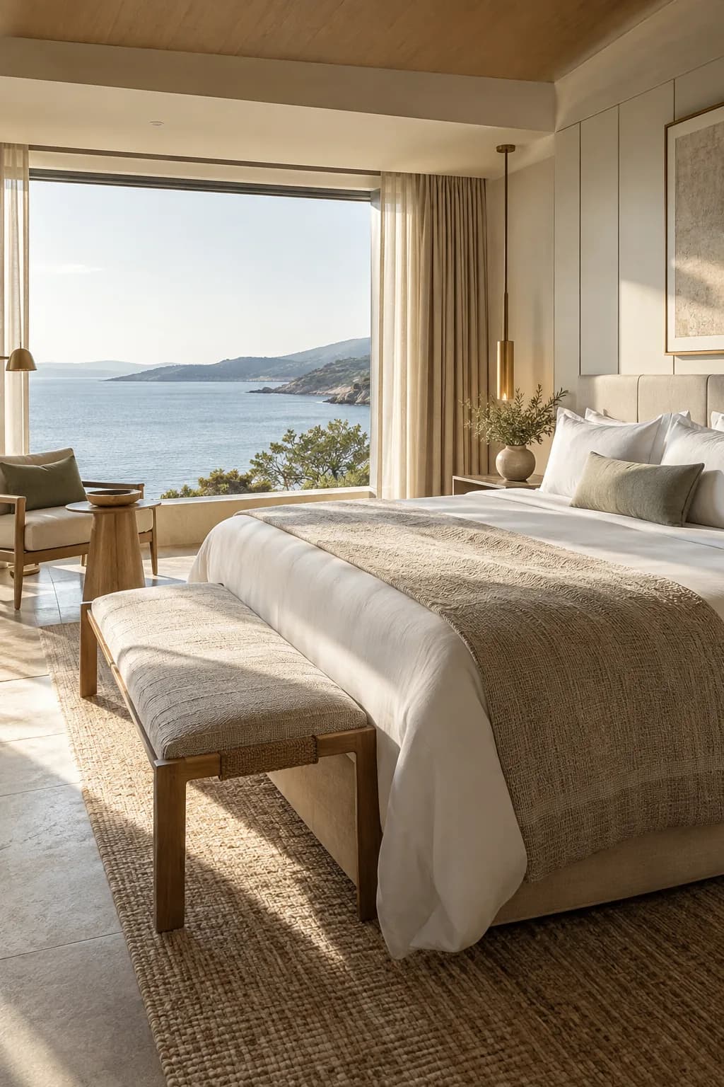 Suite khách sạn minh họa với giường vải sáng màu, gỗ ấm và cửa sổ rộng.